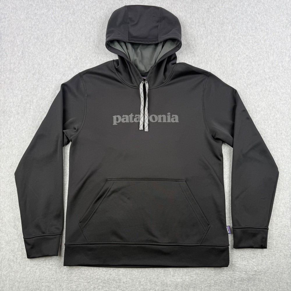 Patagonia Hoodie Mens Medium Black Polycycle Hoody Sweatshirt Spellout Pullover